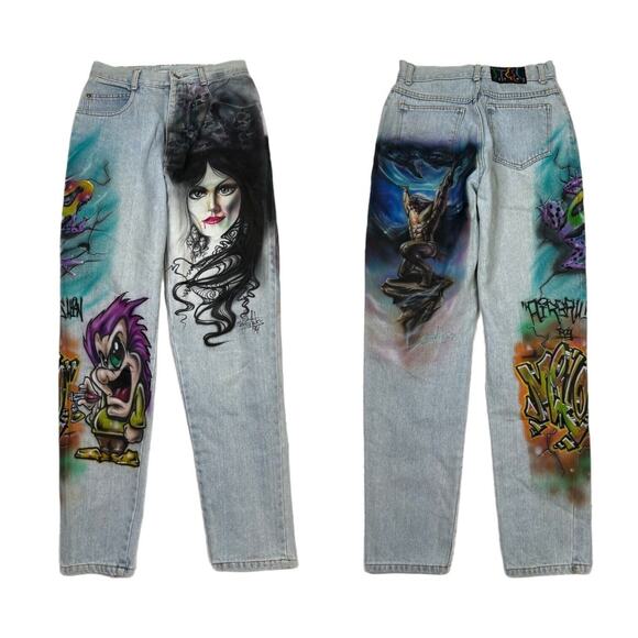 Vintage 90s Custom Airbrush Elvira Atlas Tattoo Design High Waisted Mom Jeans 9 - Picture 1 of 13